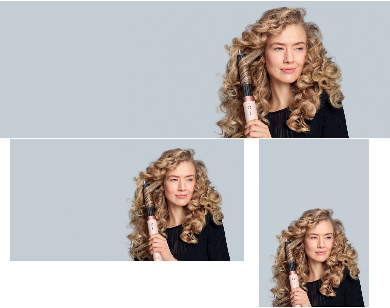 A model with blonde hair adds curls using the Dyson Airwrap Co-anda2x multi-styler and dryer. A model with dark hair adds curls using the Dyson Airwrap Co-anda2x multi-styler and dryer.