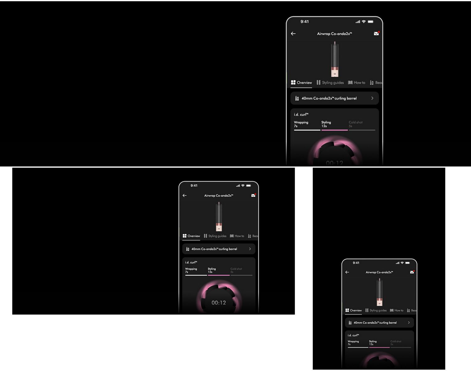The personalised Dyson i.d. curl styling sequence on the MyDyson app. The personalised Dyson i.d. curl styling sequence on the MyDyson app.