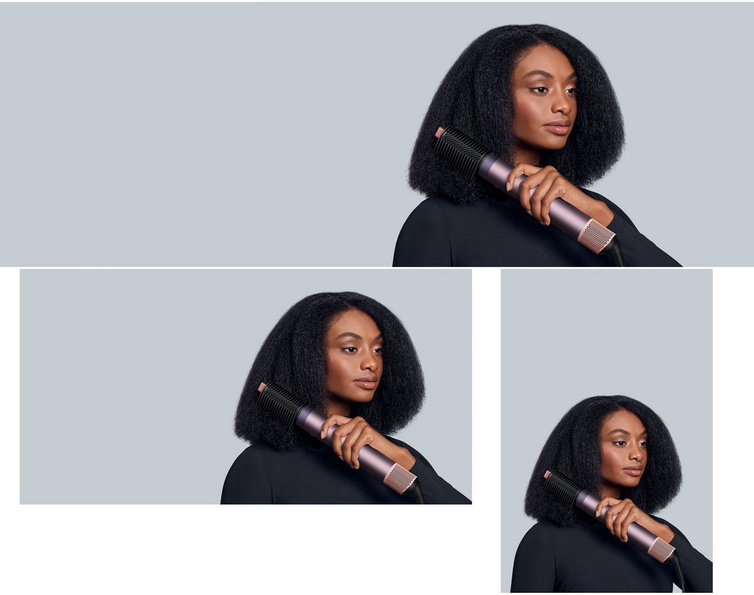 A model stretches and smooths her hair using the Tension comb 2x and the Dyson Airwrap Co-anda2x multi-styler and dryer.