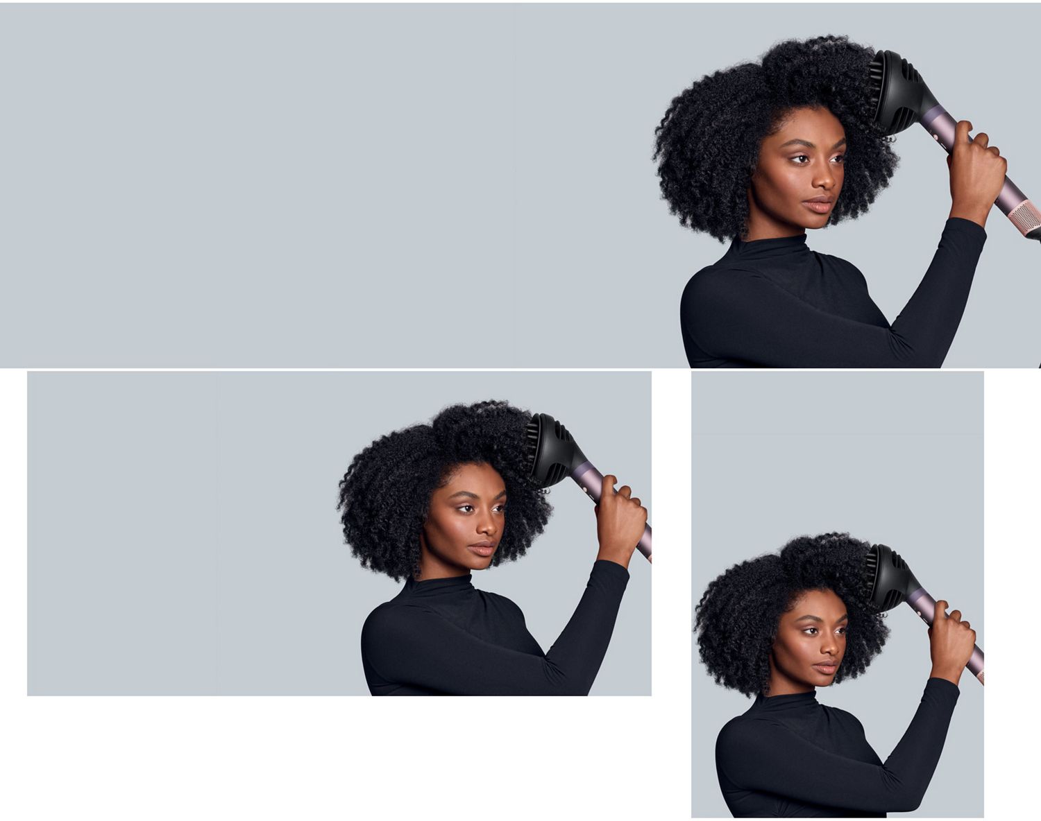 A model diffuses her hair using the Dyson Airwrap Co-anda2x multi-styler and dryer and the Wave+Curl diffuser 2x attachment.