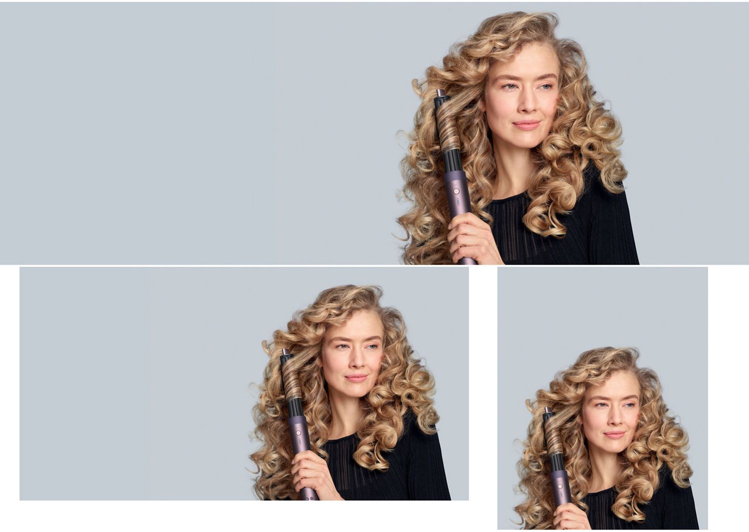 A model with dark hair adds curls using the Dyson Airwrap Co-anda2x multi-styler and dryer.