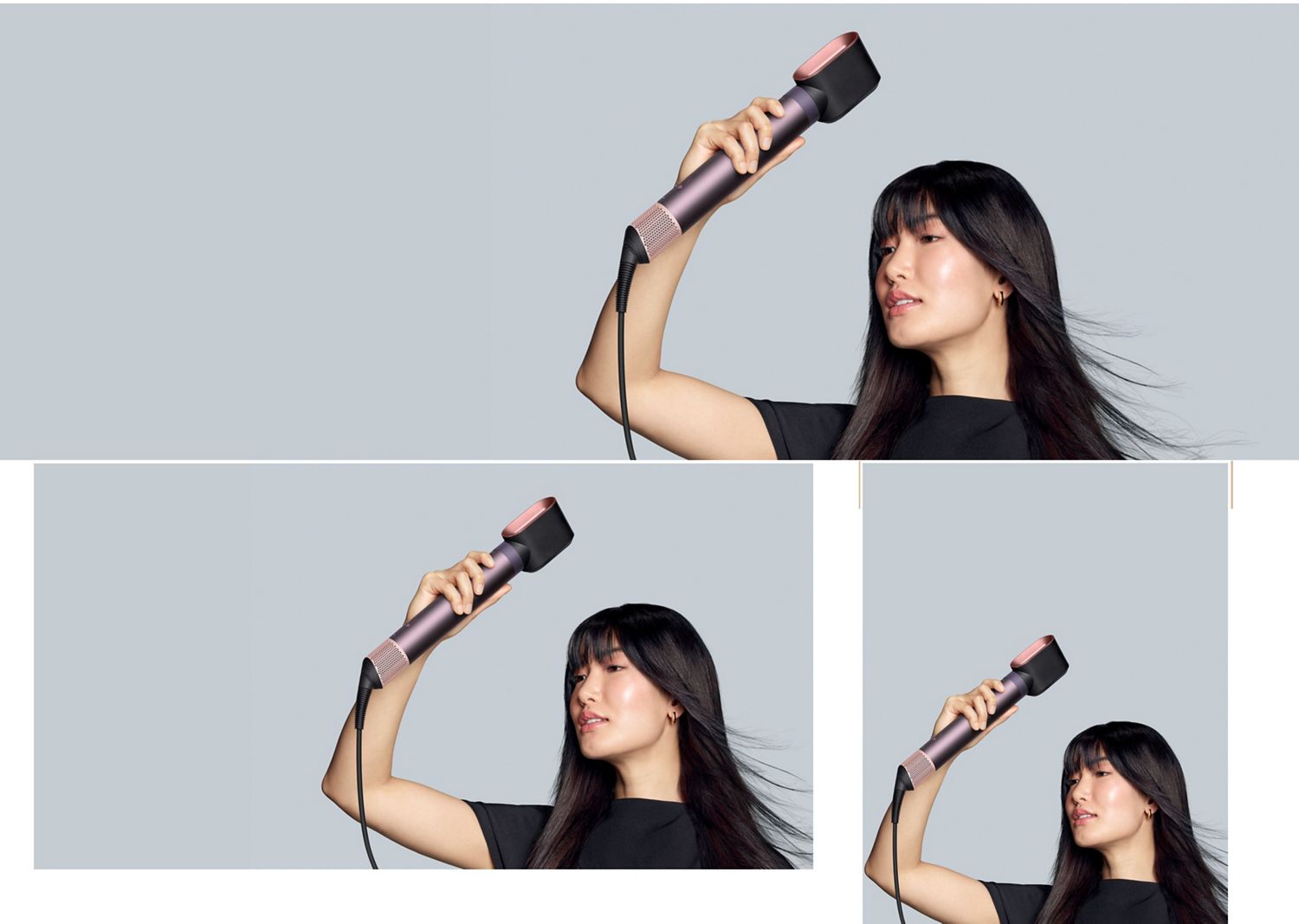 The Dyson Airwrap Co-anda2x multi-styler and dryer with the Fast dryer 2x used by a dark-haired model to dry her long hair.