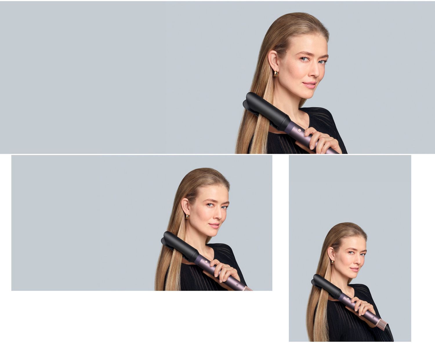 The Dyson Airwrap Co-anda2x multi-styler and dryer with the Airsmooth2x attachment used by a model.