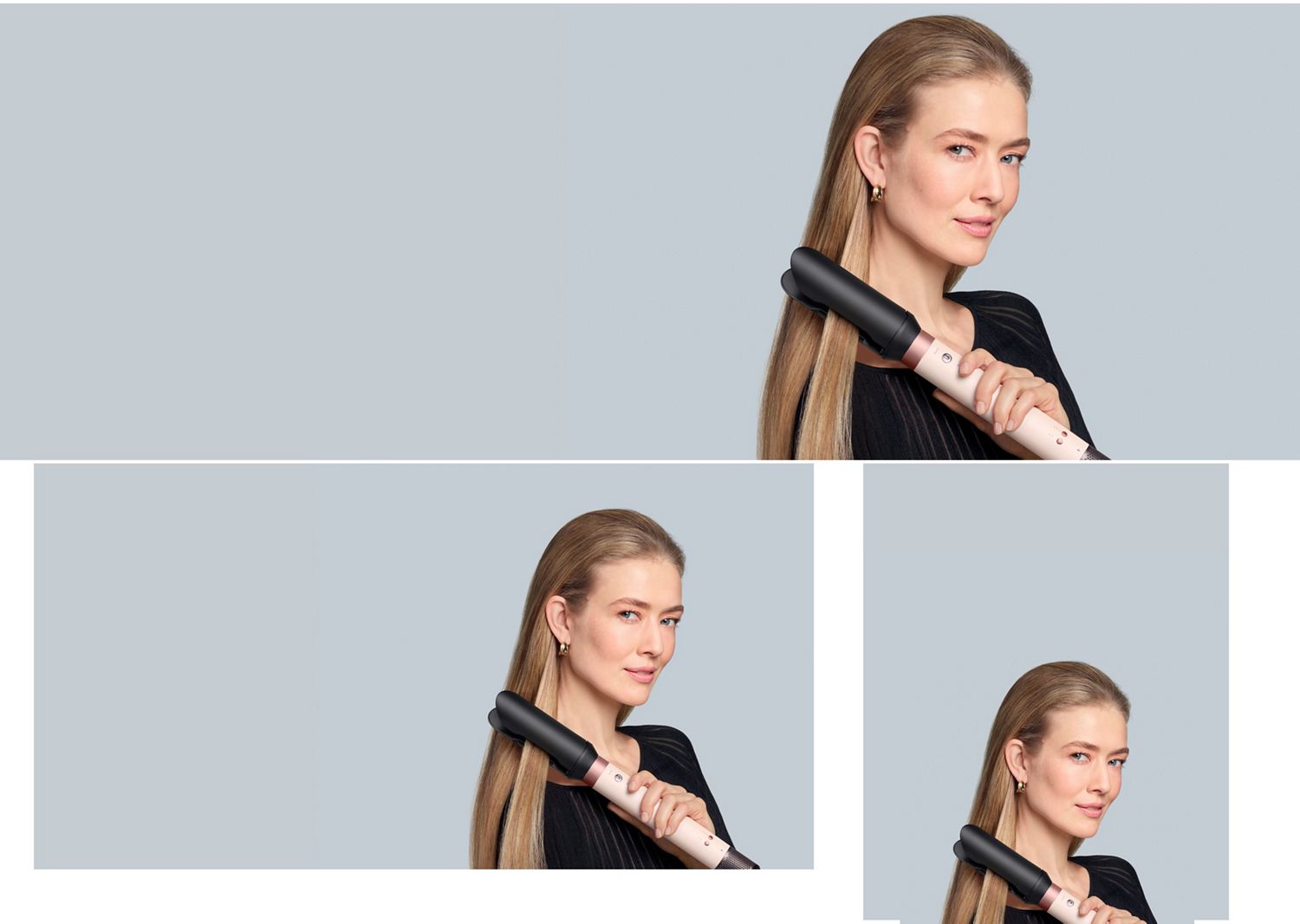 A blonde model straightens her hair using the Dyson Co-anda2x multi-styler and dryer and the AirSmooth2x attachment. A blonde model straightens her hair using the Dyson Co-anda2x multi-styler and dryer and the AirSmooth2x attachment.