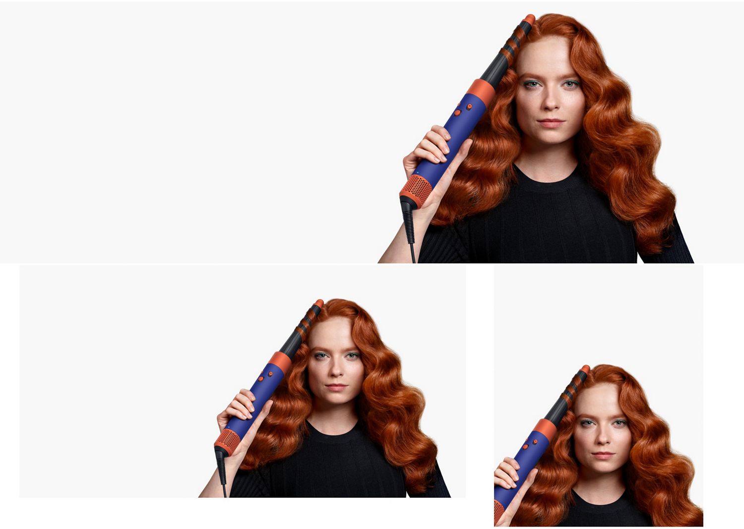 A redhead model curls her hair with the Dyson Airwrap i.d multi-styler and dryer. A redhead model curls her hair with the Dyson Airwrap i.d multi-styler and dryer.