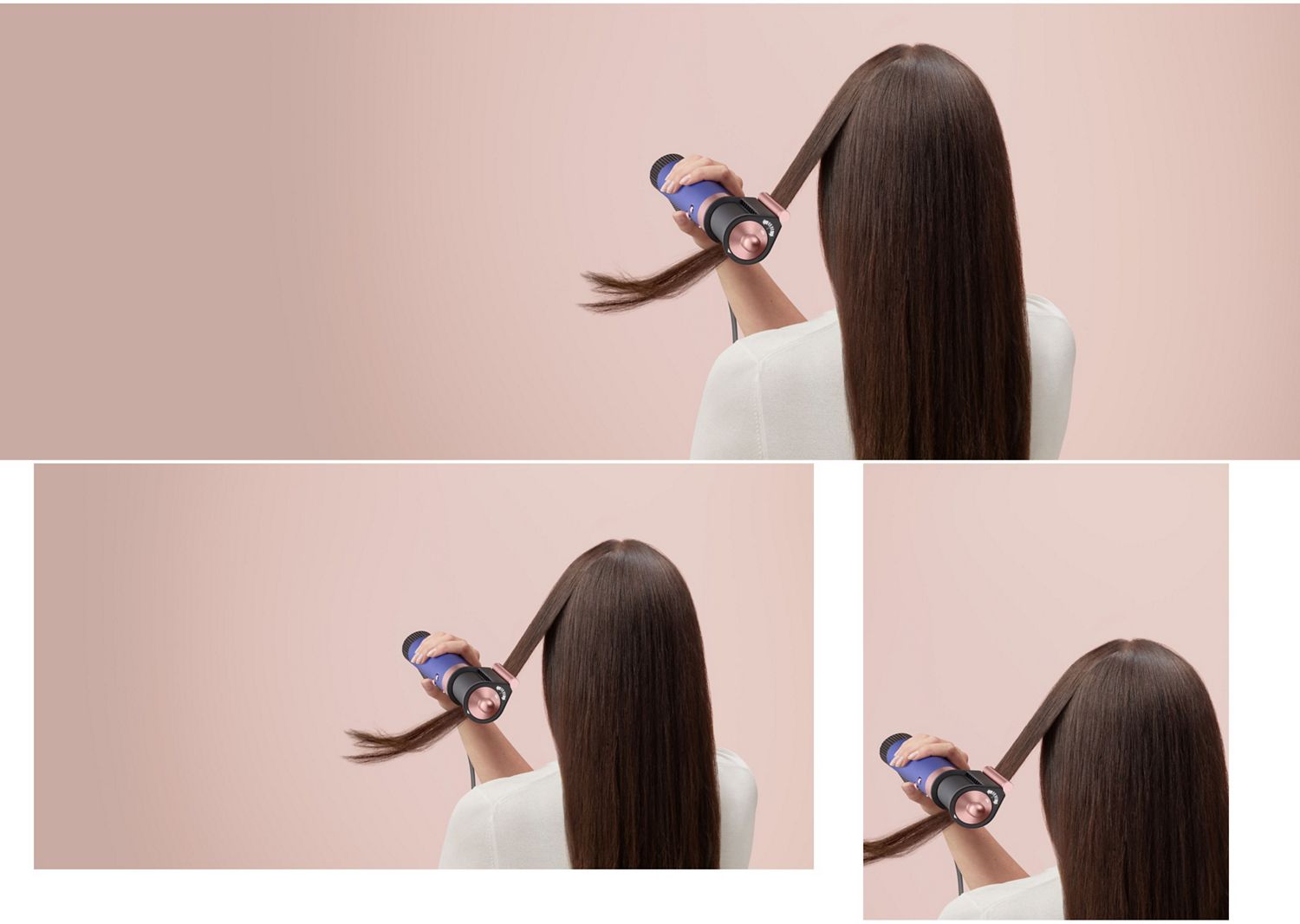 Modelo morena alisa os cabelos rebeldes com o Modelador multifunção e secador Dyson Airwrap Origin.