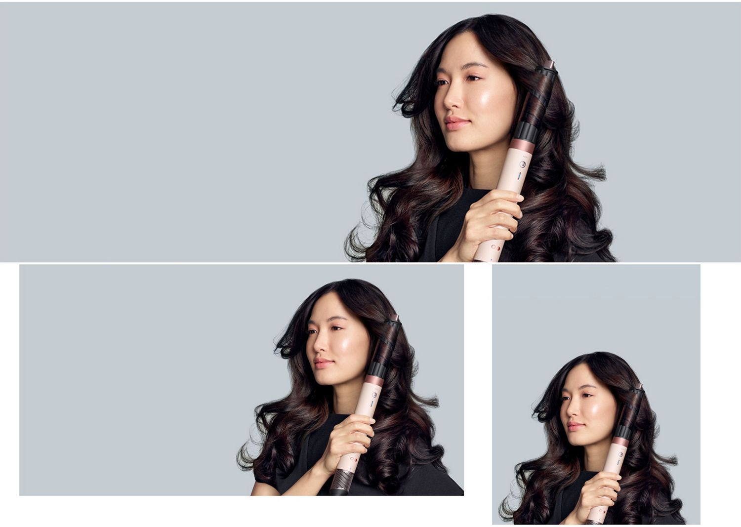 A model with dark hair adds curls using the Dyson Airwrap Co-anda2x multi-styler and dryer. A model with dark hair adds curls using the Dyson Airwrap Co-anda2x multi-styler and dryer.