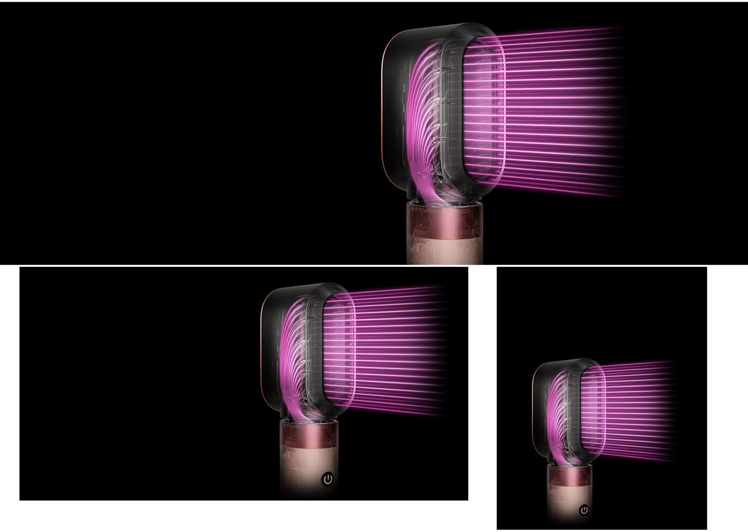 The Dyson Airwrap Co-anda2x multi-styler and dryer with pink graphics showing the powerful airflow. The Dyson Airwrap Co-anda2x multi-styler and dryer with pink graphics showing the powerful airflow.