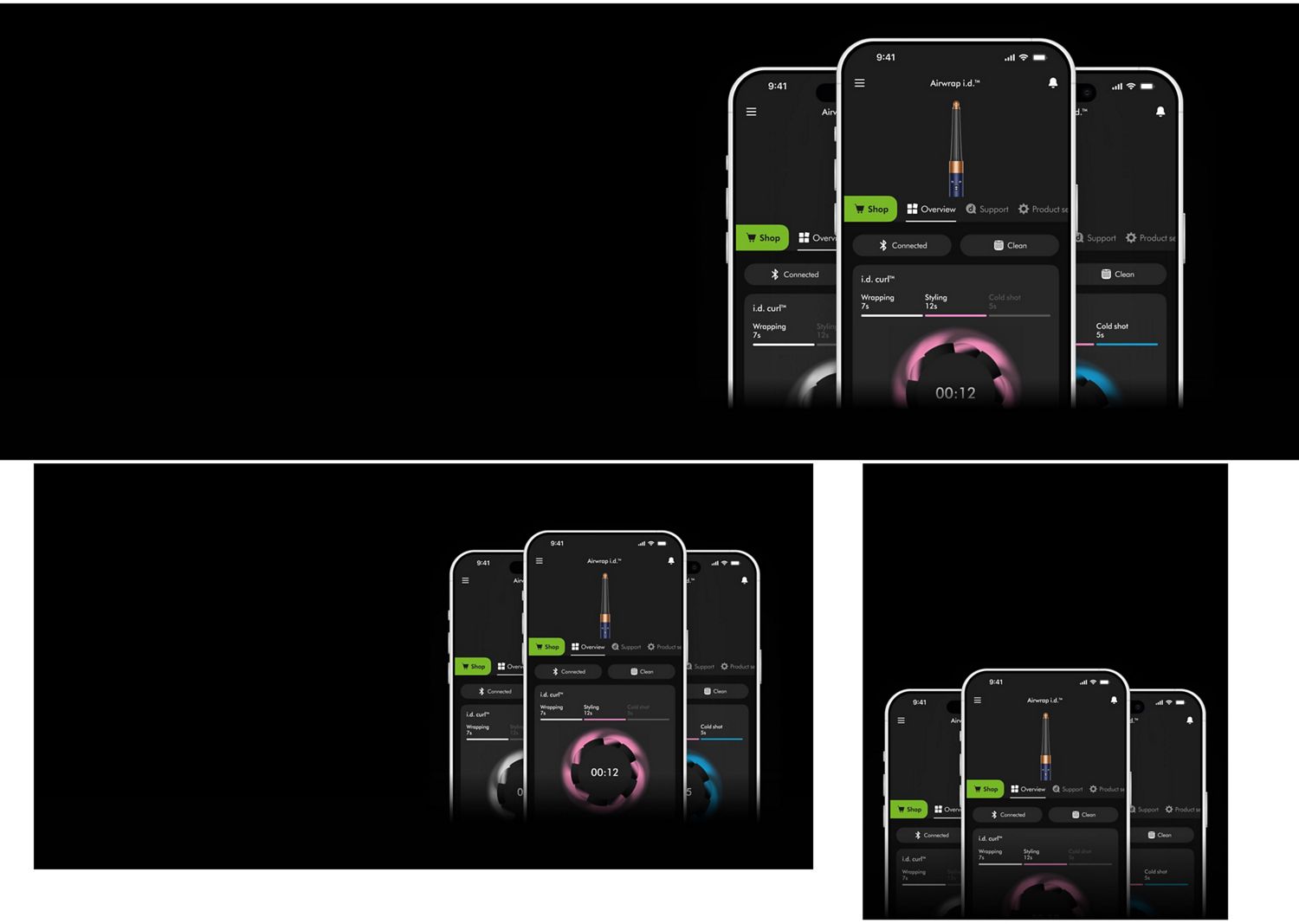 A trio of phone screens showing the i.d. curl feature on the MyDyson app. A trio of phone screens showing the i.d. curl feature on the MyDyson app.
