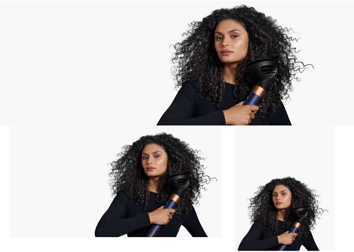 A model with dark hair uses the Wave+Curl diffuser to enhance her natural curls. A model with dark hair uses the Wave+Curl diffuser to enhance her natural curls.