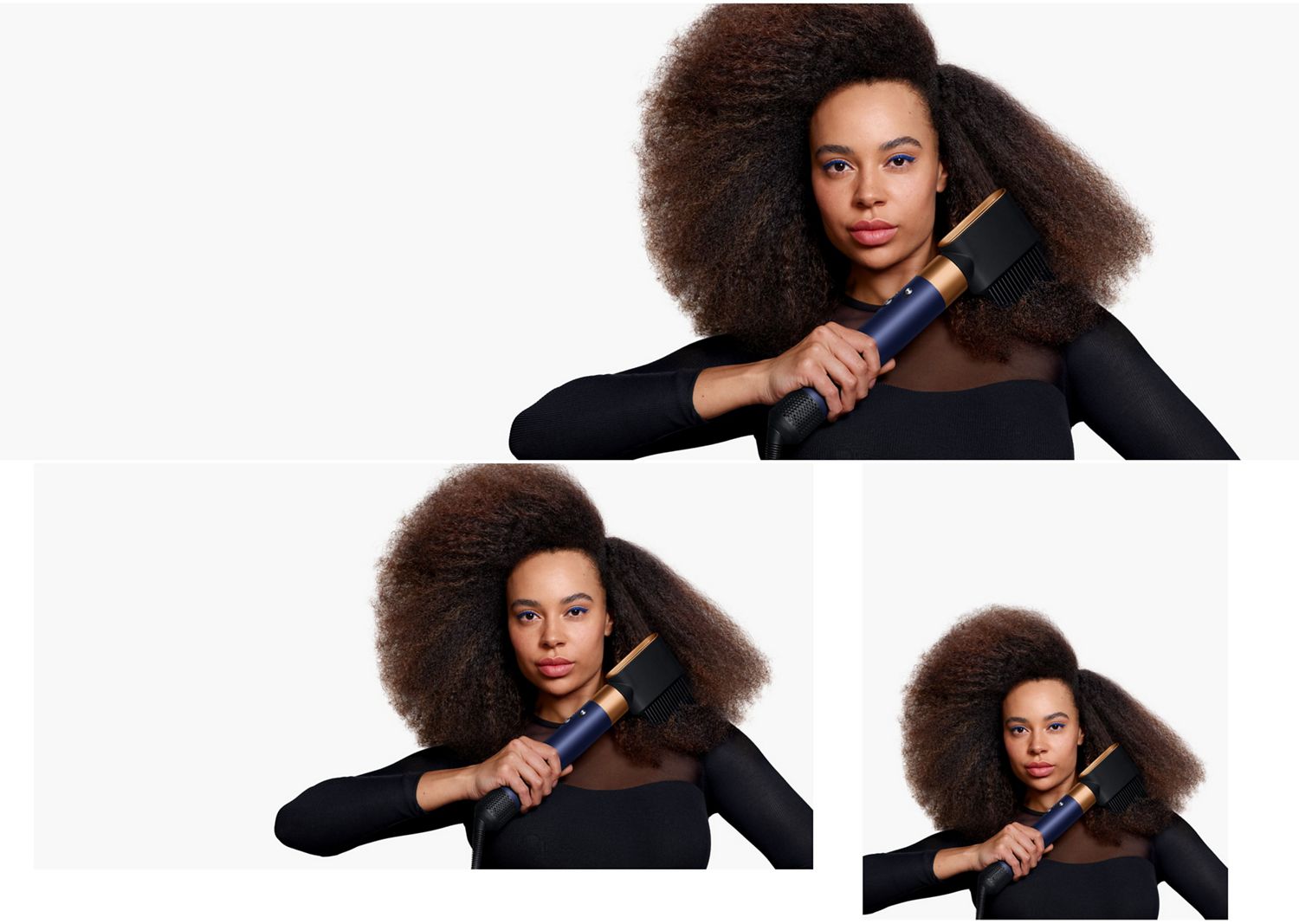 A model with coily hair uses the Wide-tooth comb attachment to shape and lengthen her natural hair. A model with coily hair uses the Wide-tooth comb attachment to shape and lengthen her natural hair.