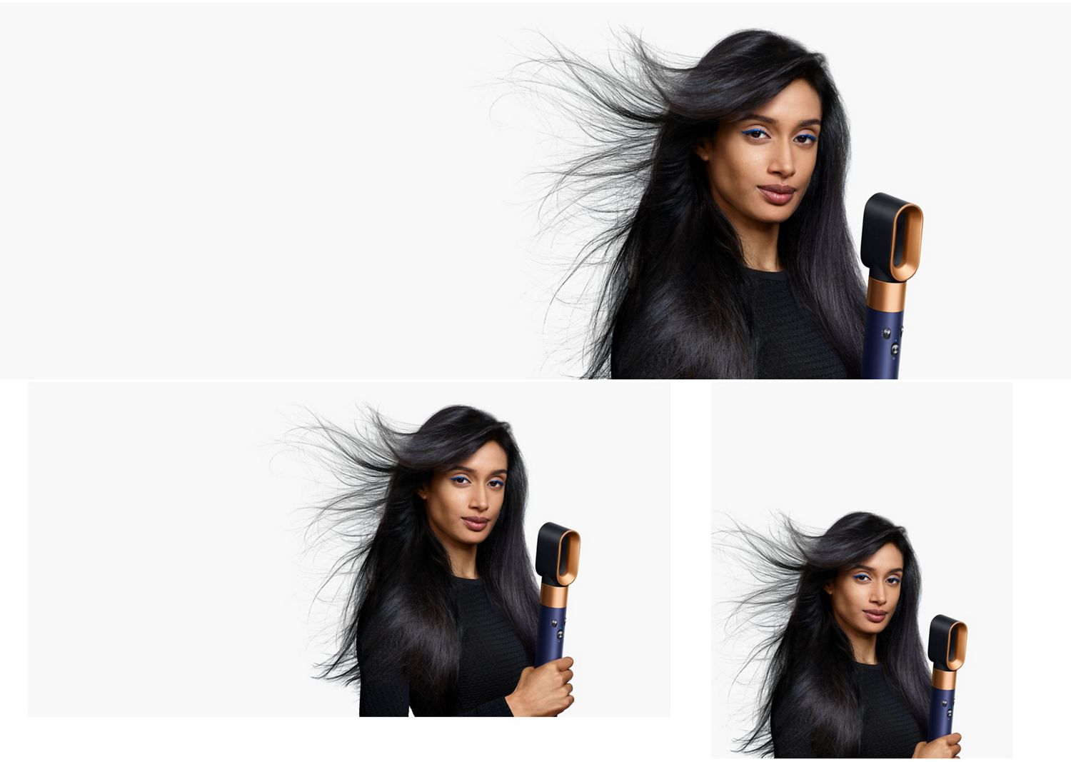A model with long, dark hair uses the Fast dryer attachment to rough dry her hair. A model with long, dark hair uses the Fast dryer attachment to rough dry her hair.