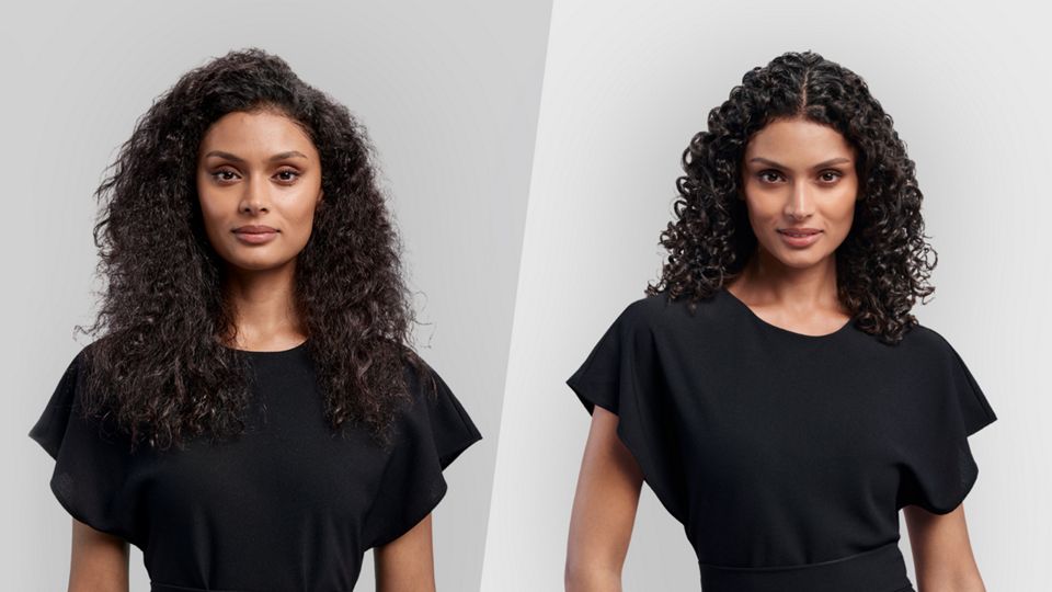 Uma modelo antes e depois de modelar o cabelo com o difusor em modo Cúpula.