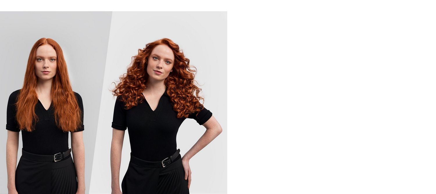 Een model voor en nadat ze haar haren heeft gekruld.