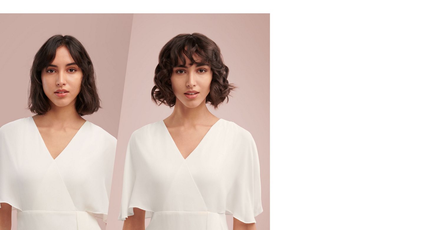 A model before and after styling her short hair in waves.