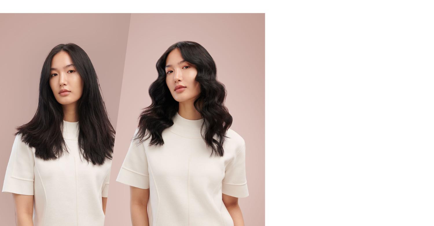 A model before and after styling her long hair in curls.