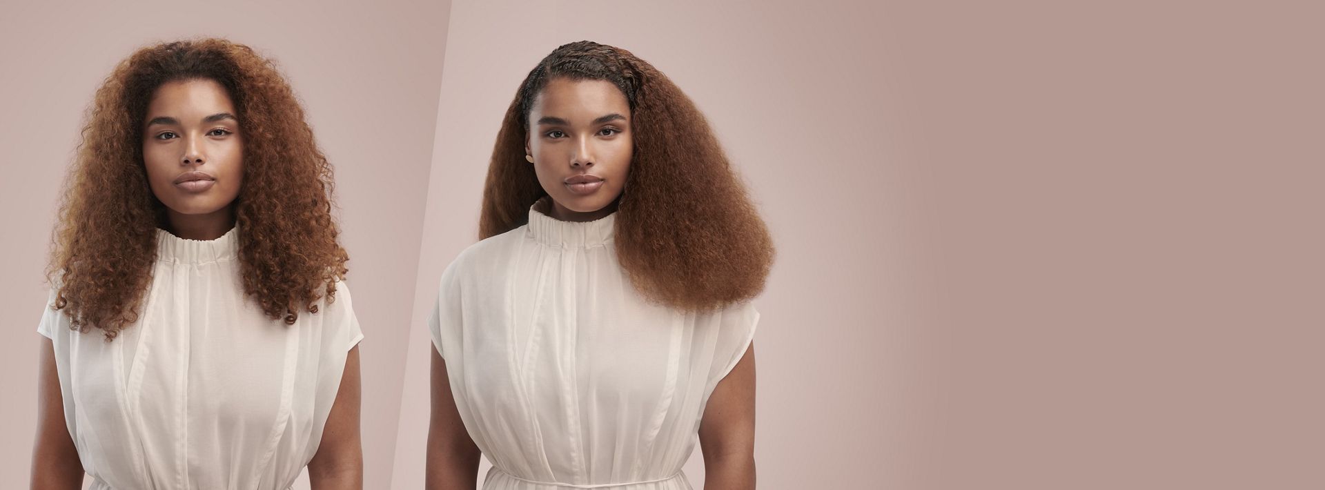 Model with type 4 hair demonstrating her hair before and after being styled with the Dyson Airwrap mulit-styler.