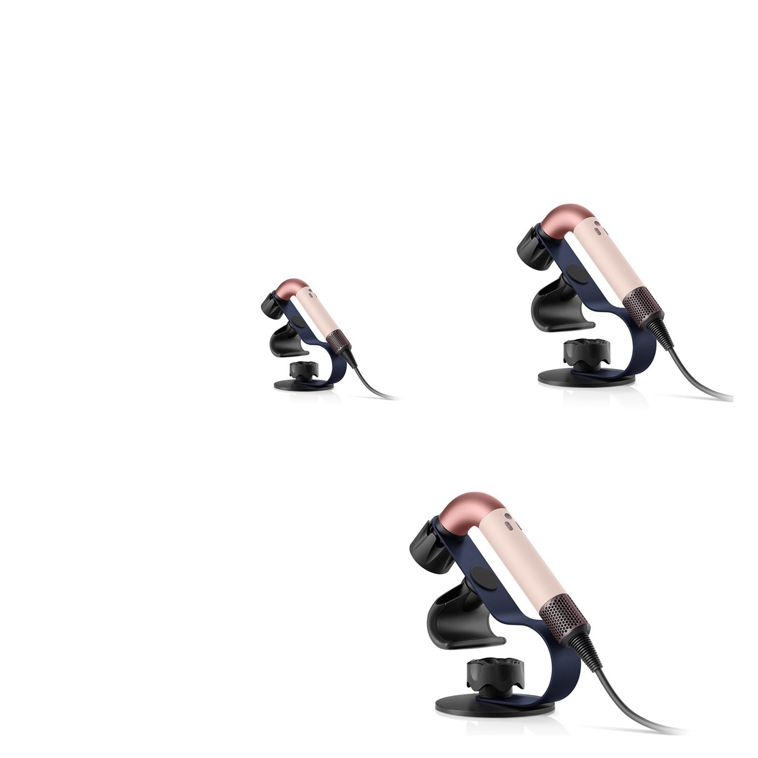 Dyson Supersonic r hair dryer mounted on the Display stand with attachments magnetically attached.