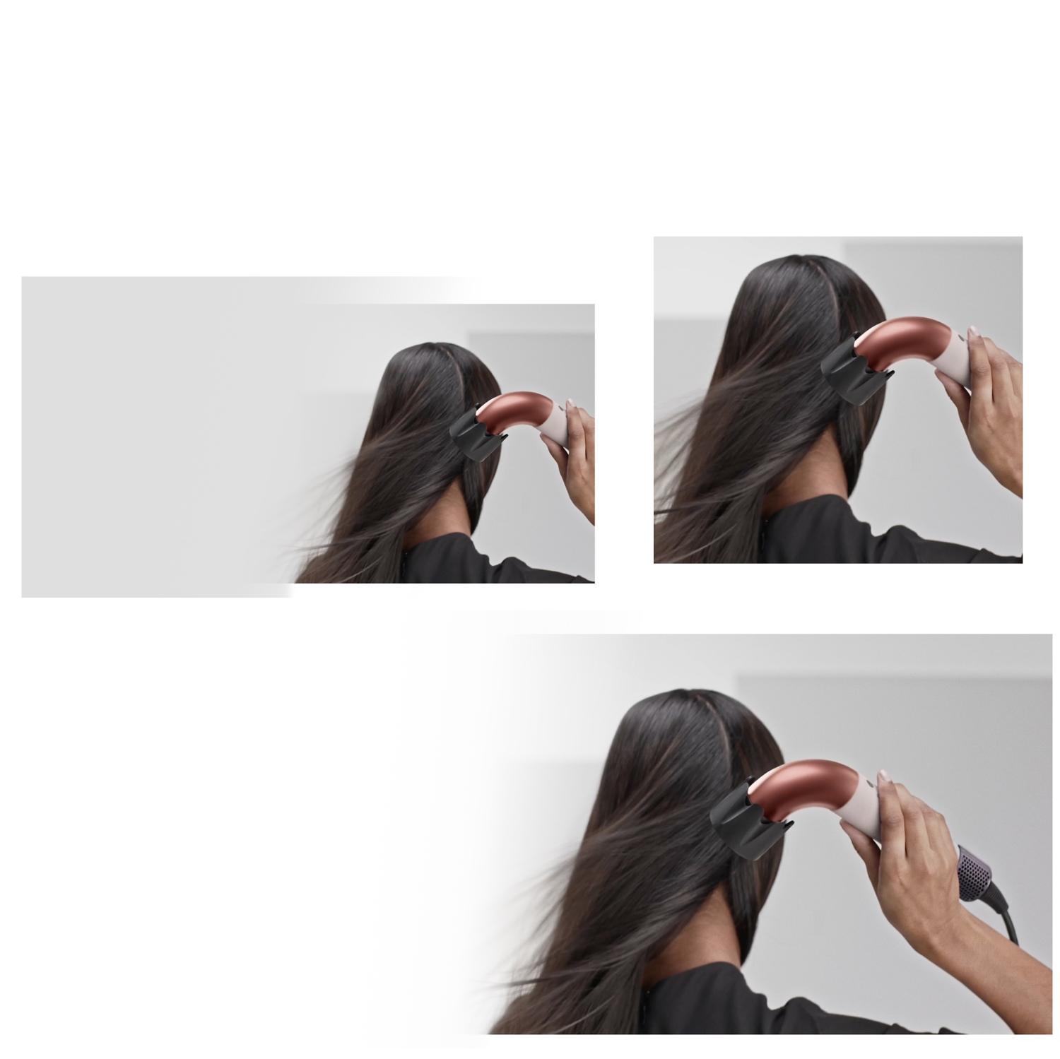 A model dries her hair with the Dyson Supersonic r hair dryer and Powerful air attachment.