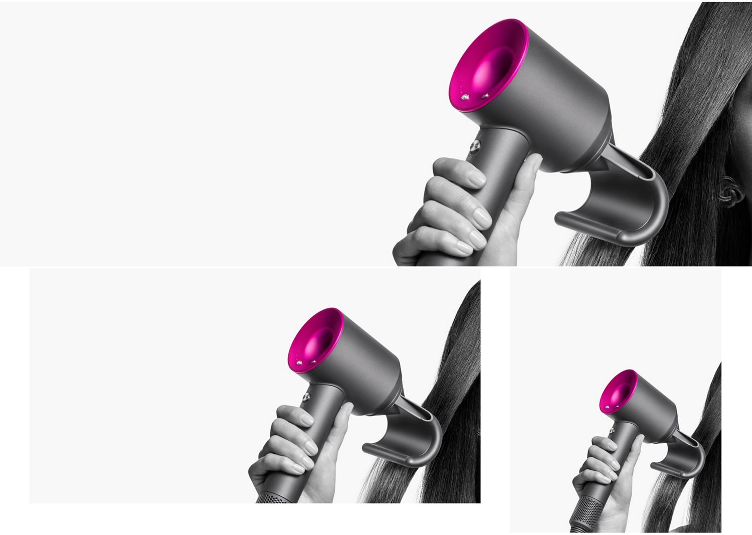 O secador de cabelo Dyson Supersonic com o acessório Flyaway na mão de uma modelo.