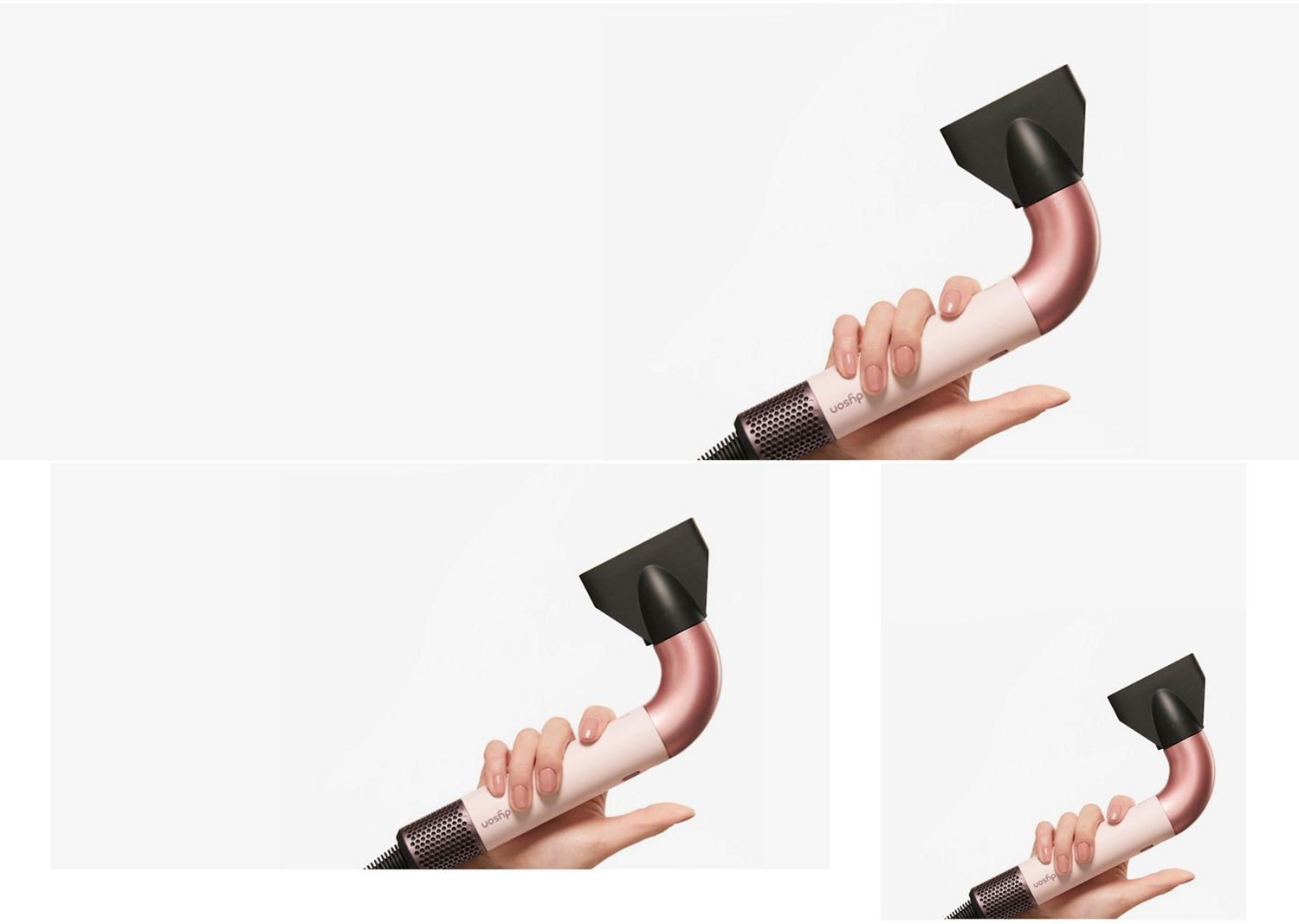 The Dyson Supersonic r hair dryer with the Gentle air attachment held by a model.