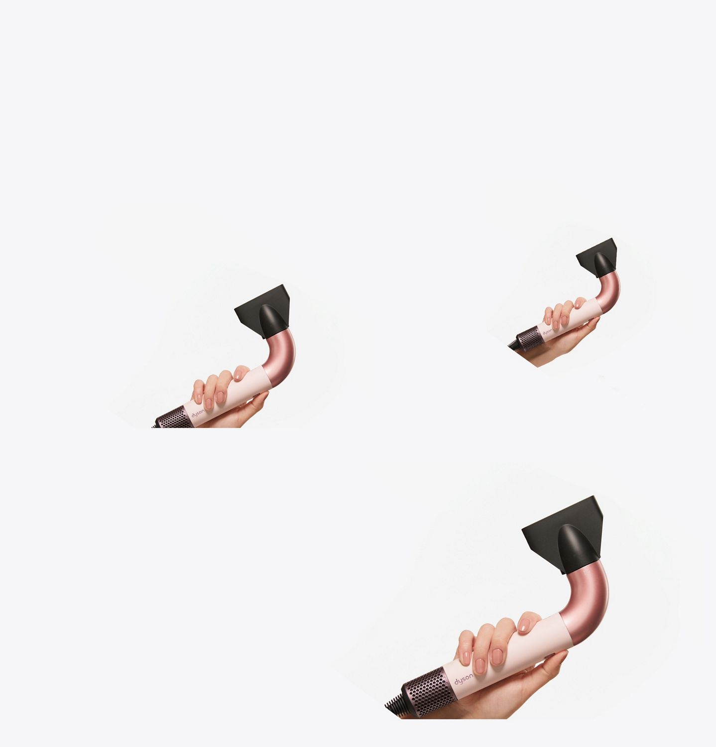 Split screen of a Dyson Supersonic r hair dryer and a model with styled hair.