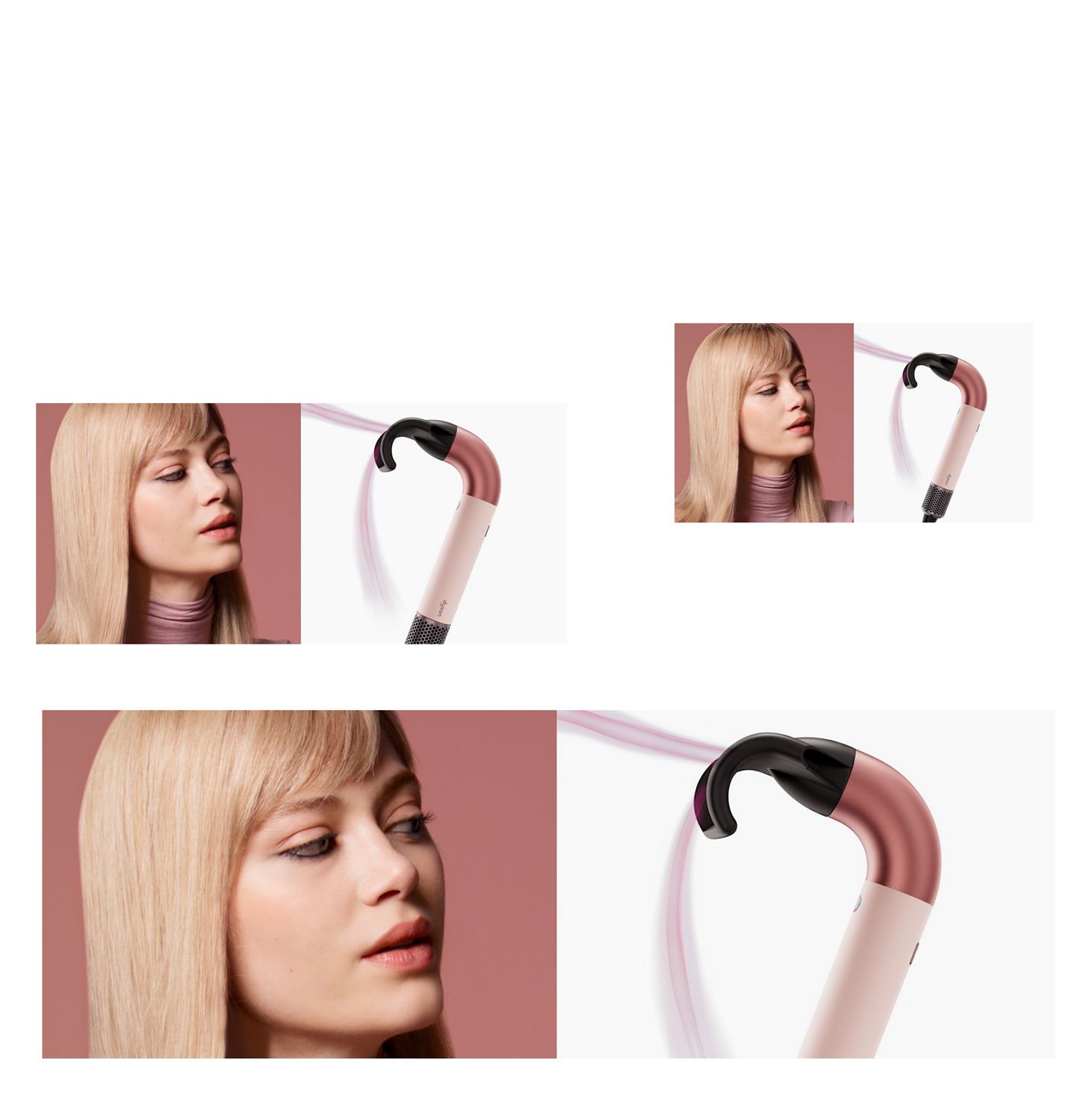 Split screen of a Dyson Supersonic r hair dryer and a model with styled hair.