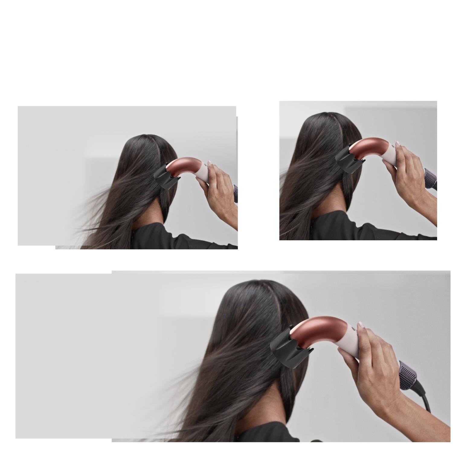 A model dries her hair with the Dyson Supersonic r hair dryer and Powerful air attachment generating powerful airflow.