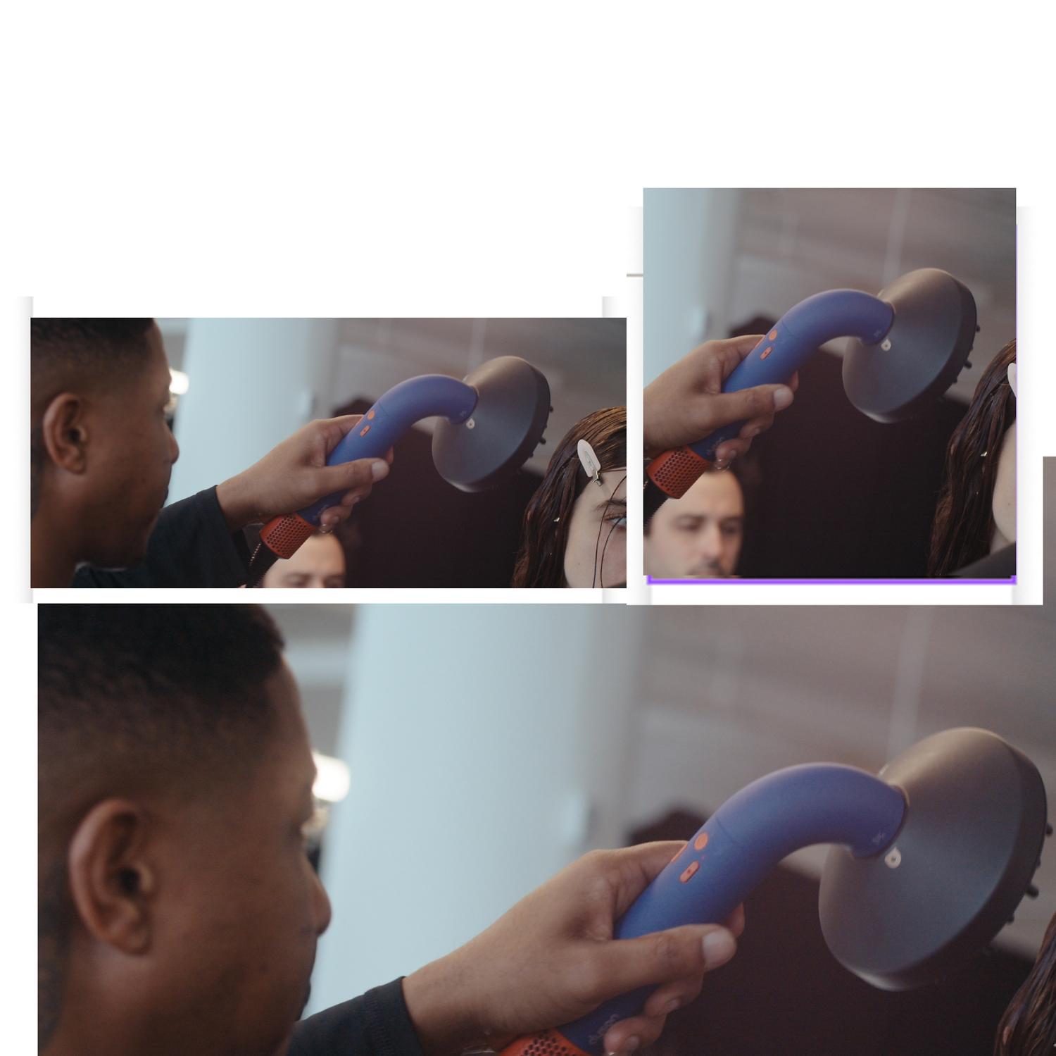 The Dyson Supersonic r hair dryer is used by a team of stylists to work on a model’s hair backstage at a fashion event.