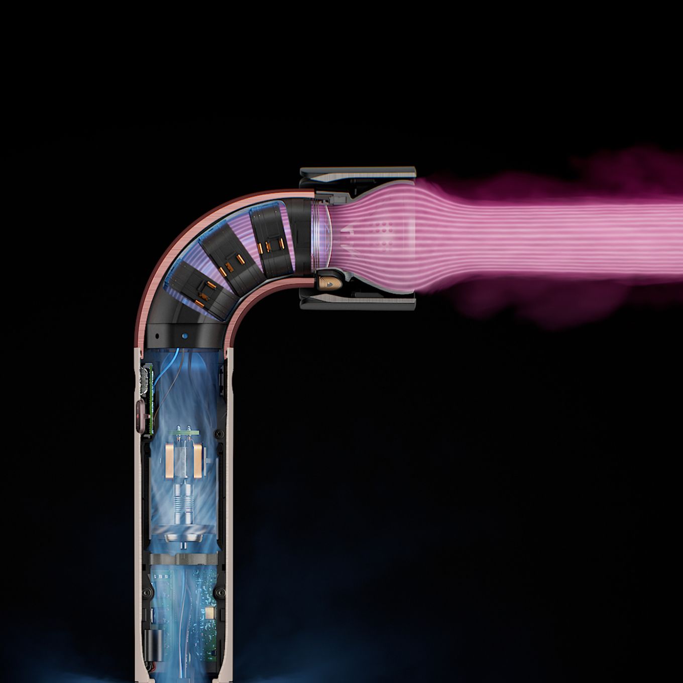 Plan en coupe latéral du sèche-cheveux Dyson Supersonic r qui montre la technologie interne.