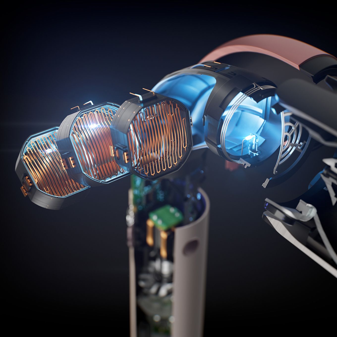 Visuel en éclaté du sèche-cheveux Dyson Supersonic r qui montre le chauffage à flux d’air uniforme.
