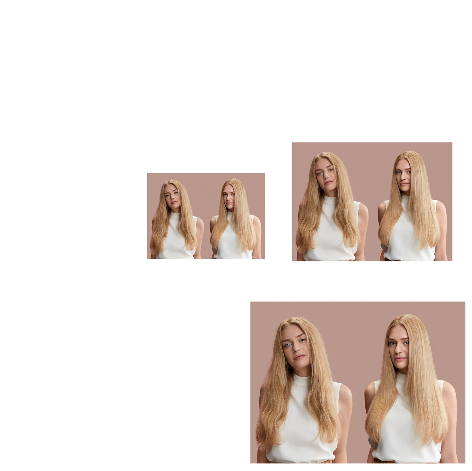 Before and after of a model with blonde wavy hair styled into a glass hair blowout. Before and after of a model with blonde wavy hair styled into a glass hair blowout.