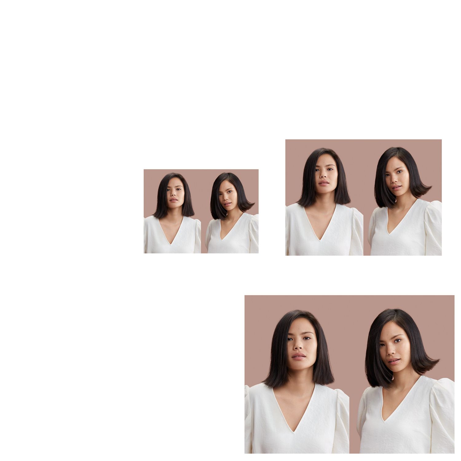 Avant et après d’un modèle aux cheveux noirs raides ayant un brushing brillant.