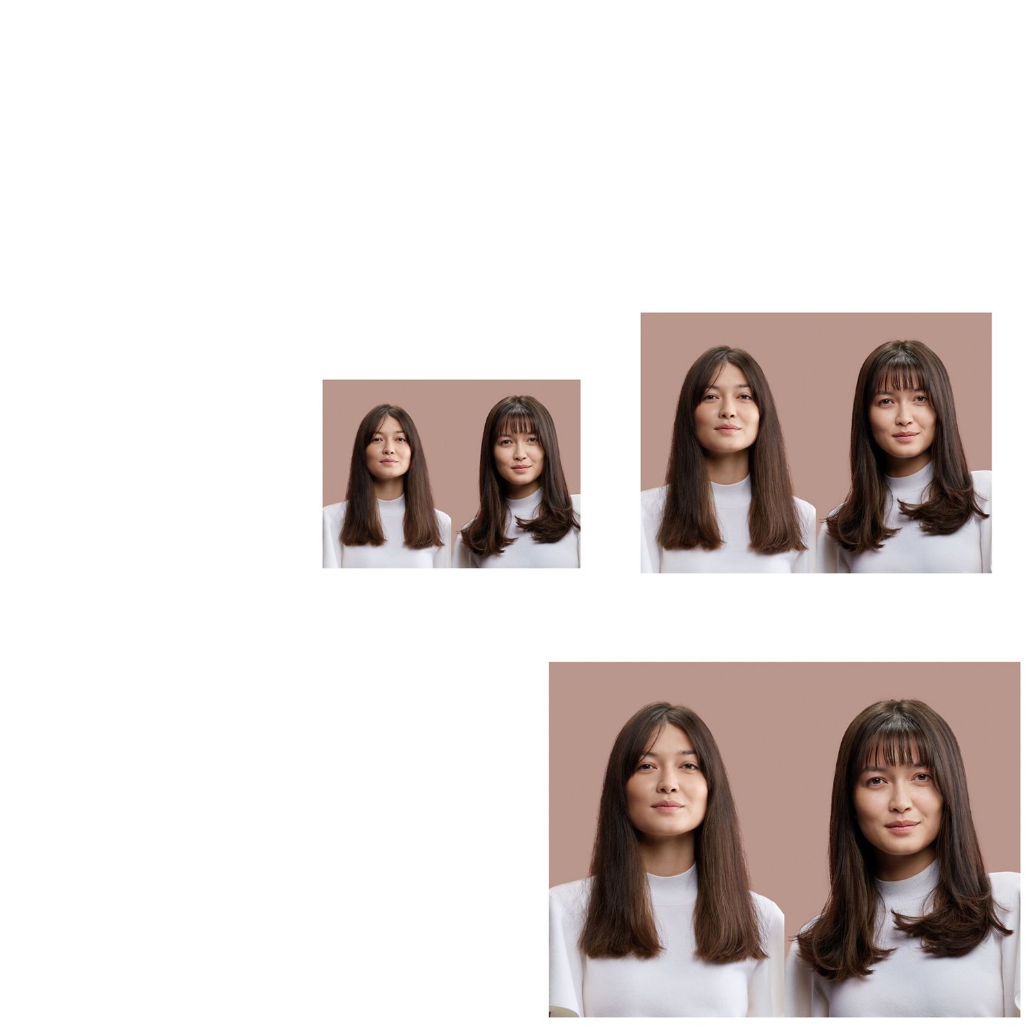 Before and after of a brunette model with straight hair styled into a soft C-curls with the Dyson Supersonic r hair dryer. Before and after of a brunette model with straight hair styled into a soft C-curls with the Dyson Supersonic r hair dryer.