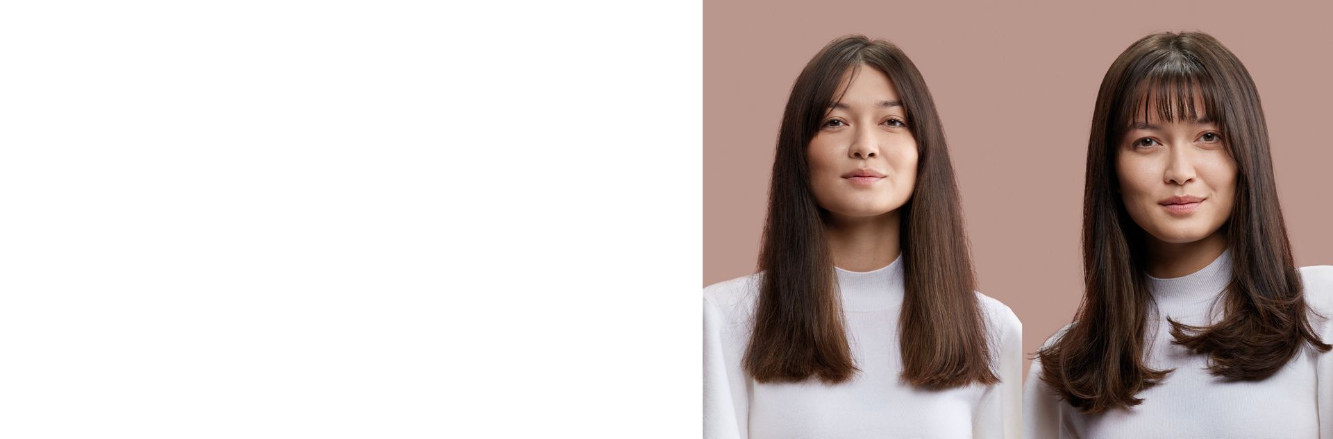 Before and after of a model with black straight hair styled into soft c-curls