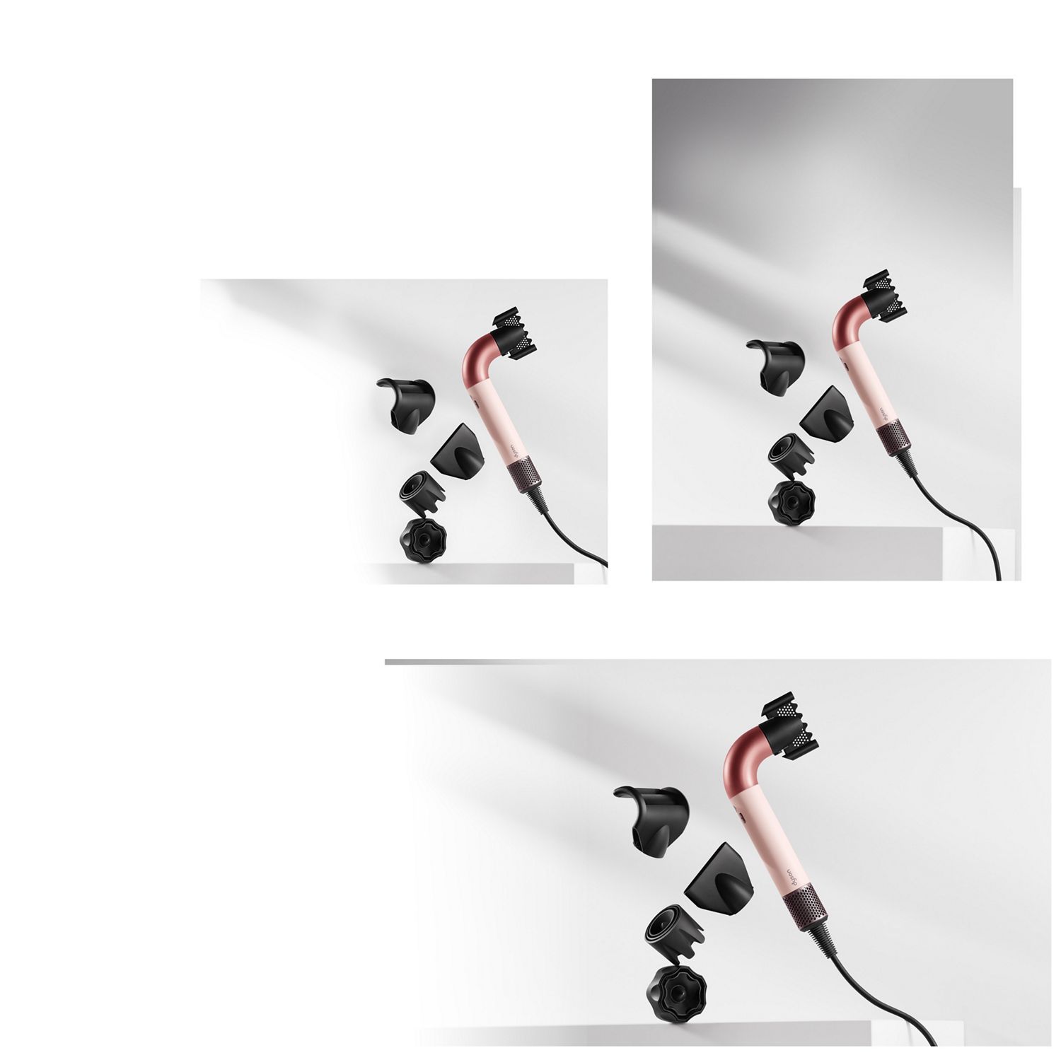 The Dyson Supersonic r hair dryer surrounded by a range of attachments.