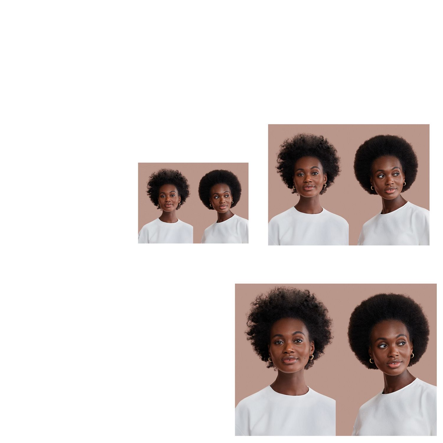 Before and after of a model with dark-brown coily hair styled into an afro blowout. Before and after of a model with dark-brown coily hair styled into an afro blowout.