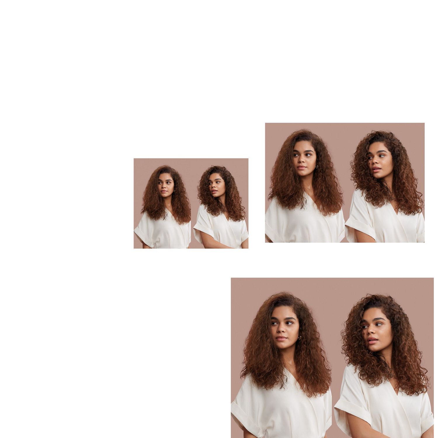 Before and after of a model with light-brown curly hair styled into defined curls. Before and after of a model with light-brown curly hair styled into defined curls.