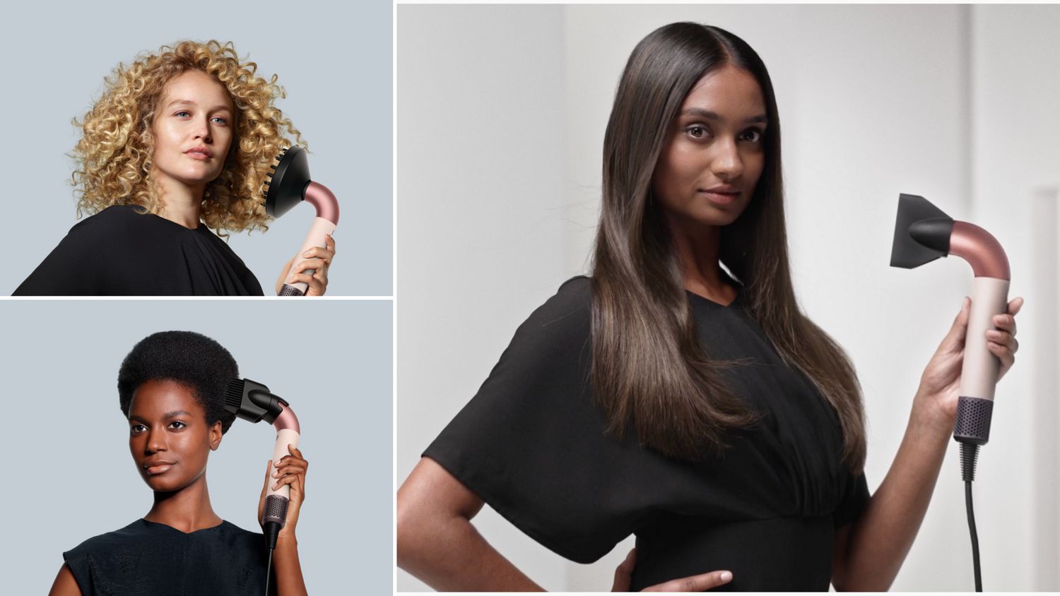Collage of models styling their hair with the Dyson Supersonic r hair dryer.