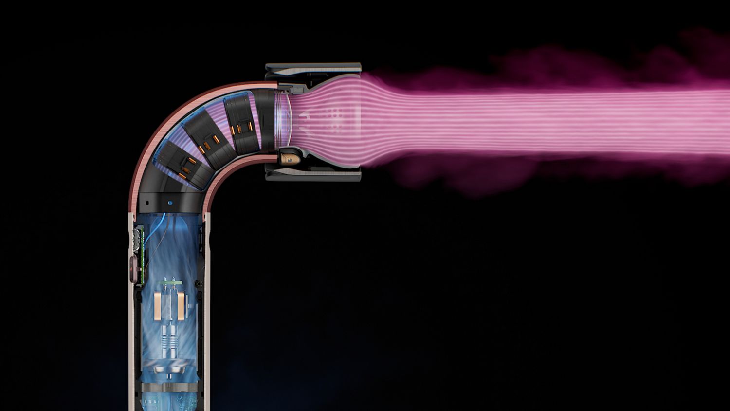 Graphic overlays show the powerful airflow of the Dyson Supersonic r hair dryer.
