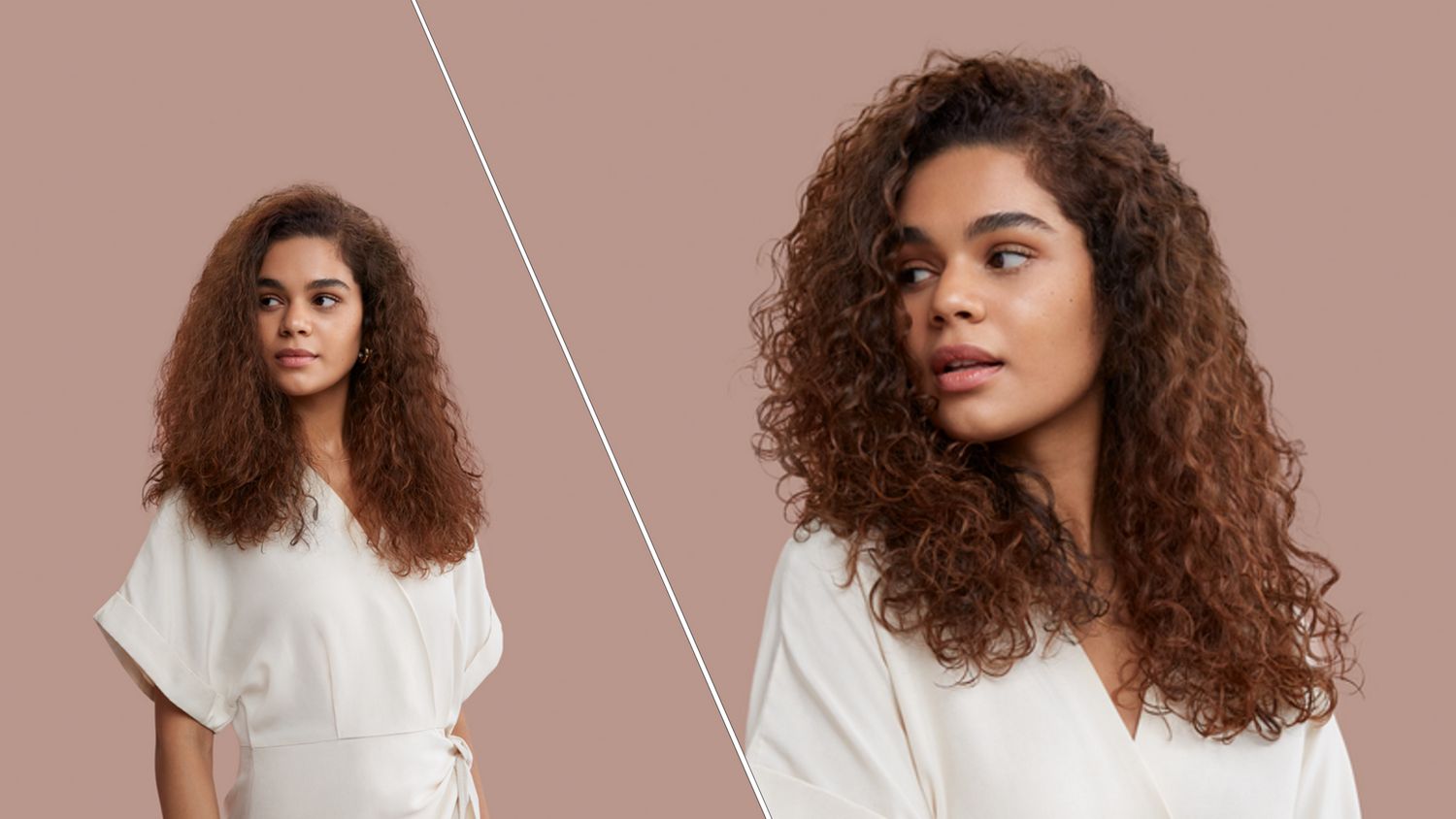 Before and after of a brunette model with her hair styled using the Dyson Supersonic r hair dryer.