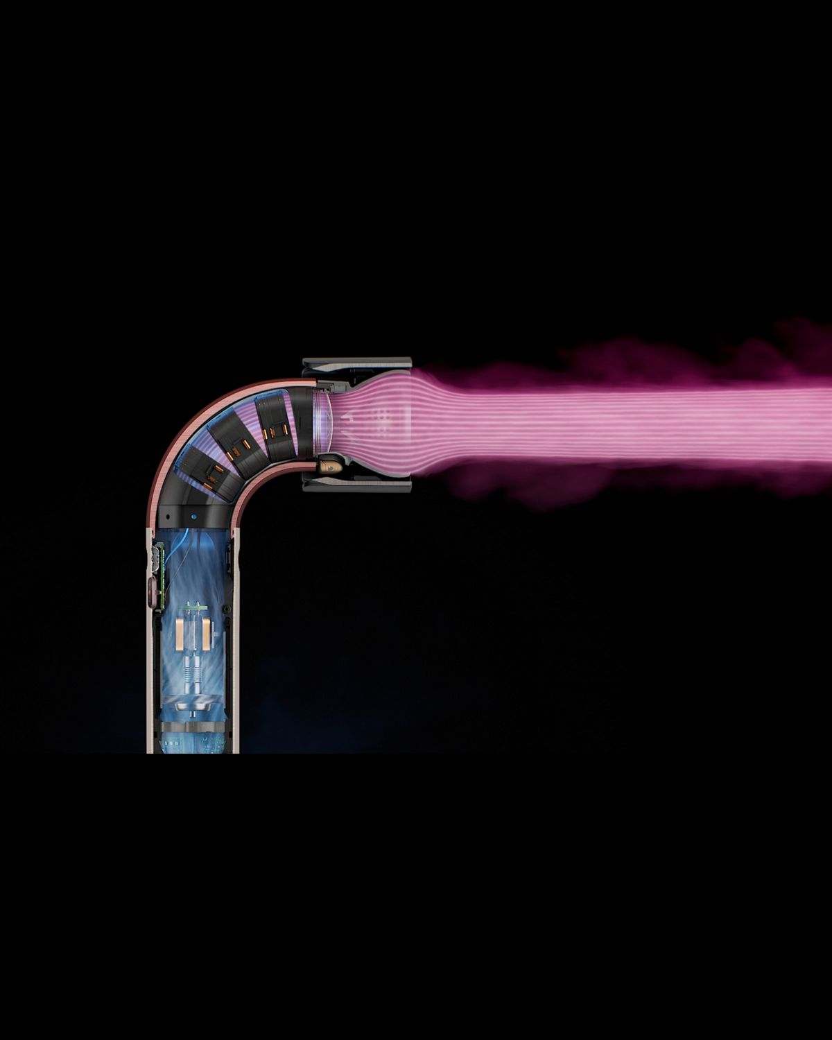 Graphic overlays show the powerful airflow of the Dyson Supersonic r hair dryer.