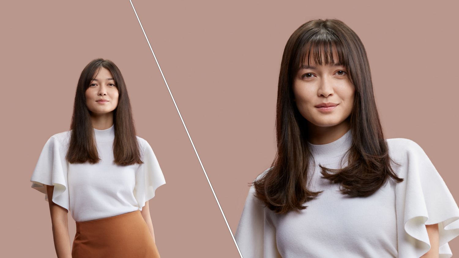 Before and after of a brunette model with her hair styled using the Dyson Supersonic r hair dryer.