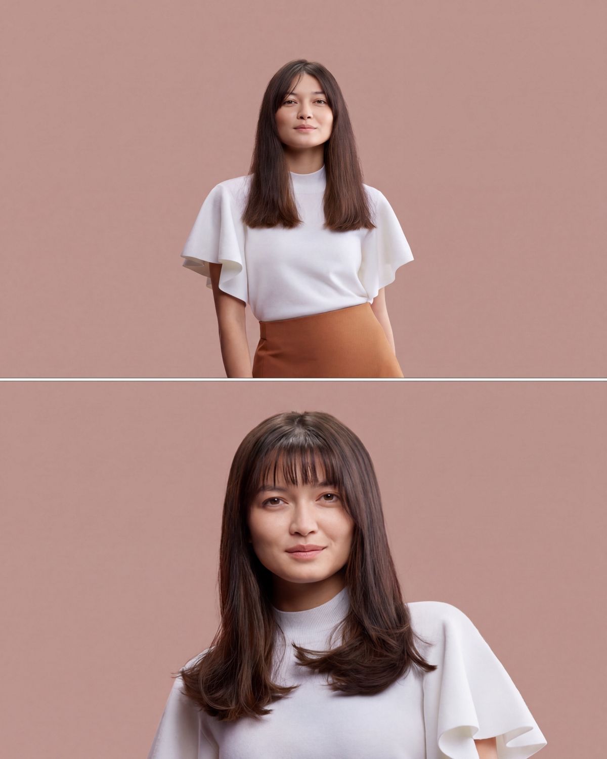 Before and after of a brunette model with her hair styled using the Dyson Supersonic r hair dryer.
