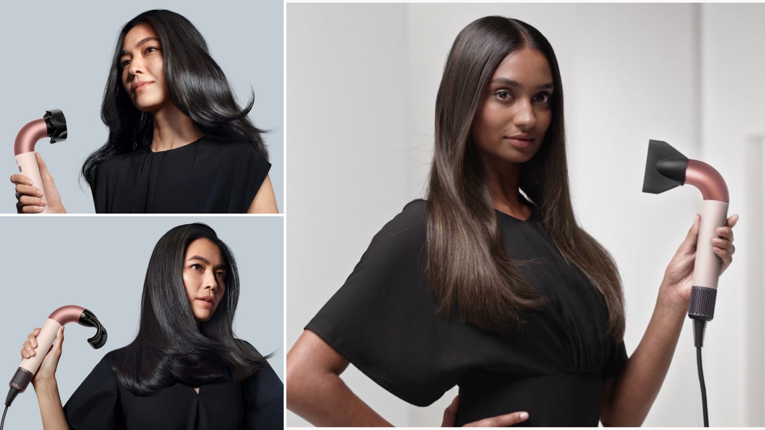 Collage of models styling their hair with the Dyson Supersonic r hair dryer.