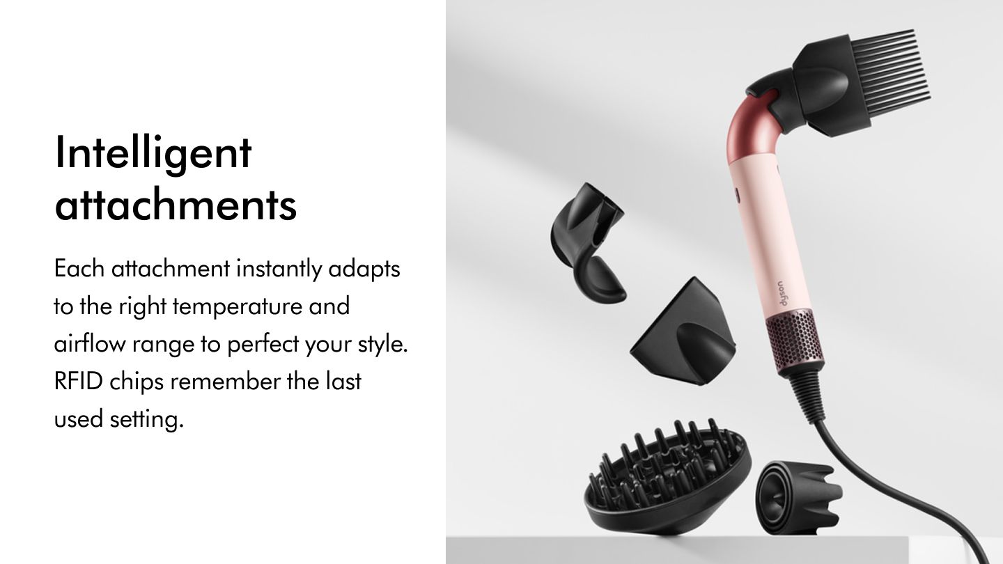 The Dyson Supersonic r hair dryer with a range of intelligent attachments.