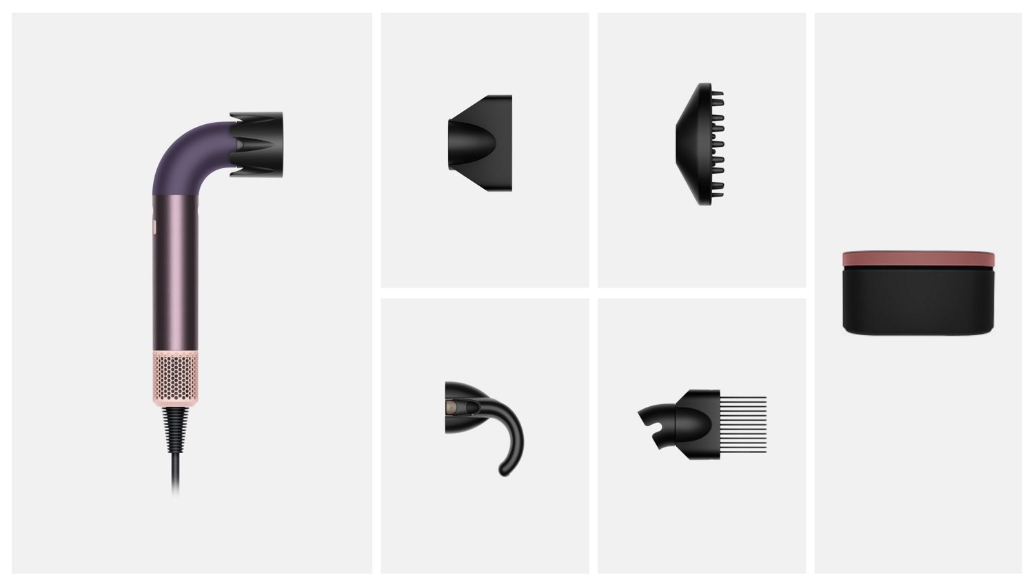 Images of what is included in the box with the Dyson Supersonic r hair dryer. 
