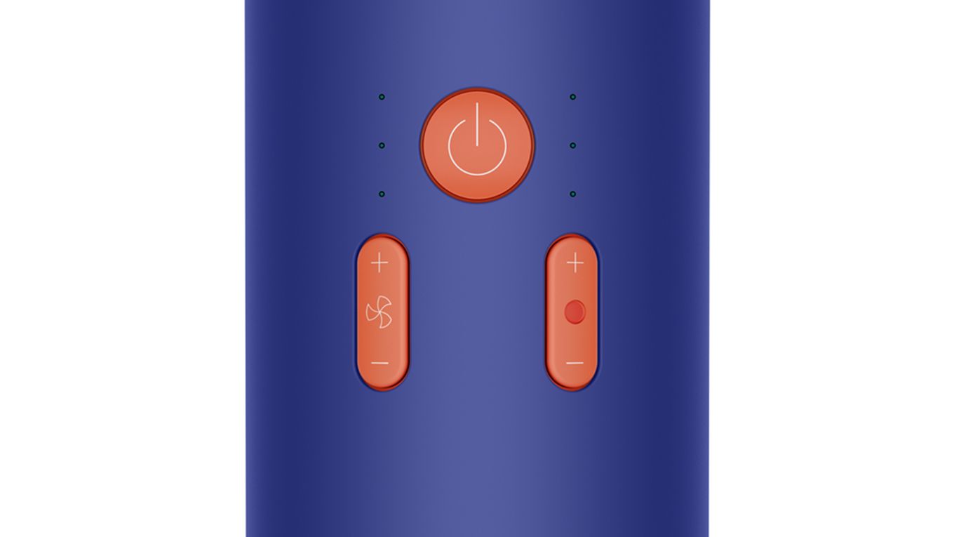 Temperature and airflow settings and on button displayed on Dyson Supersonic r Professional hair dryer. Temperature and airflow settings and on button displayed on Dyson Supersonic r Professional hair dryer.