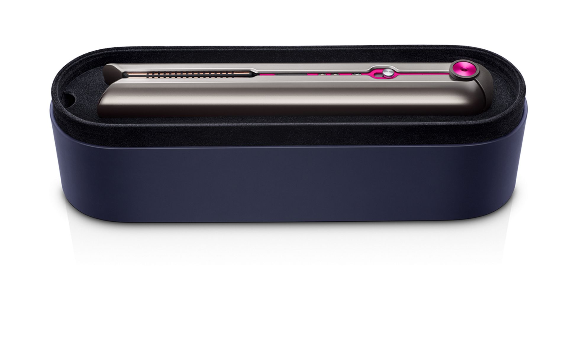 An open Dyson-designed presentation case containing the Dyson Corrale straightener