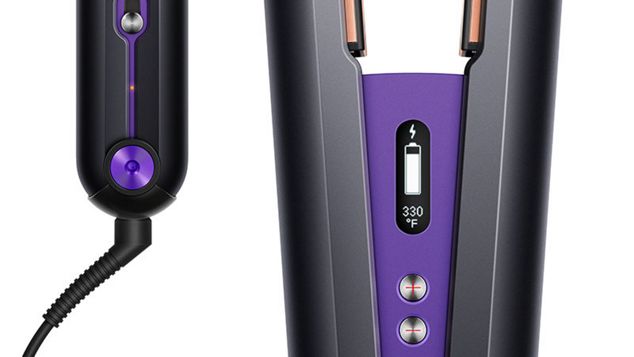 Dyson Corrale hair straightener close up of charing socket and battery charge display